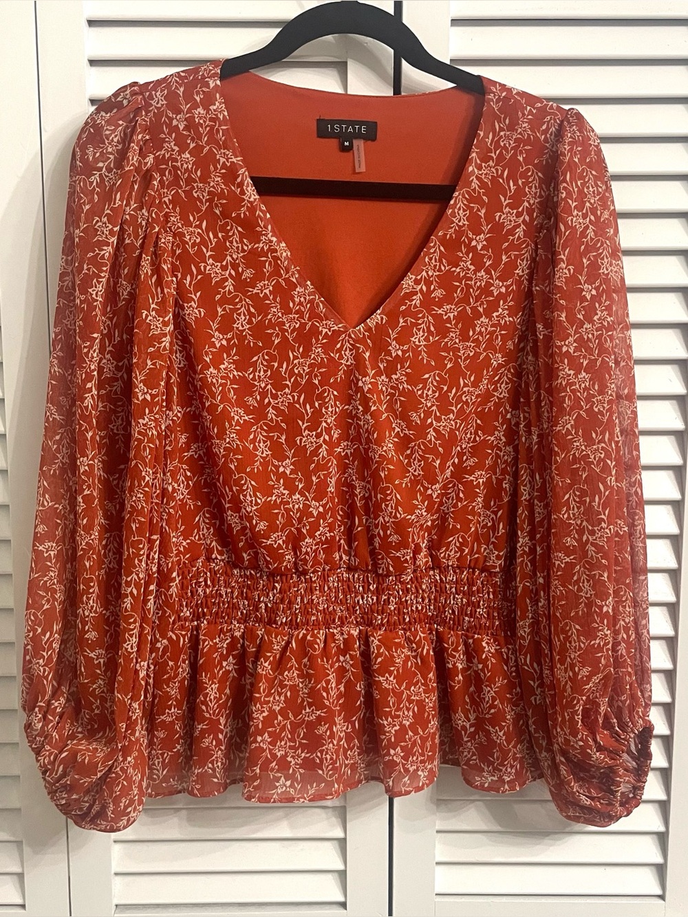 1. STATE Balloon Sleeve Orange Floral V-Neck Blouse Smocked Waist Chiffon Fall M